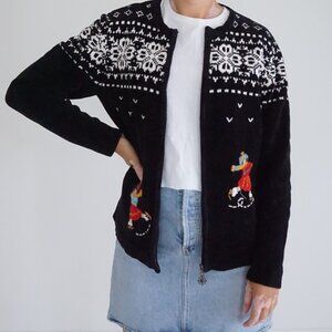 Alfred Dunner Black Knit Ice Skater Ice Rink Festive Ugly Christmas Cardigan S